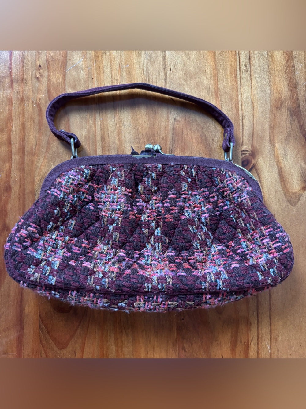 Vera Bradley Annie Tweed Bag Burgundy and Pink Plaid with Suede Trim 2004